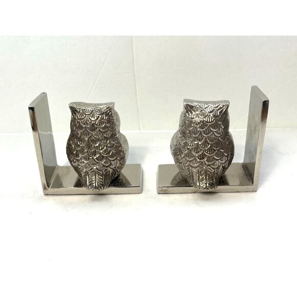 Silver Metal Owl Bookends Library Shelf Decor 4.75" Wide Base Elegant Design - Picture 4 of 7